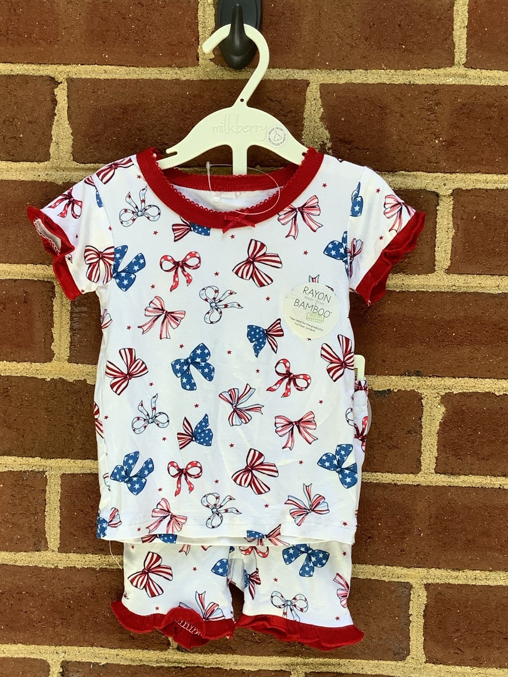 NWT Milkberry Patriotic Pajama Set Shirt Shorts 12 Months Bow Soft